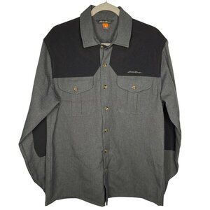 Eddie Bauer Fleece Shirt Mens Size‎ M Gray Jacket Button Front Elbow Patch EUC